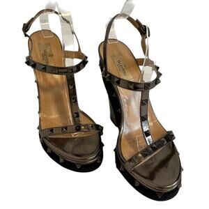 Valentino Garavani Rockstud Raffia Platform Wedge Sandal Gunmetal Grey Size 40